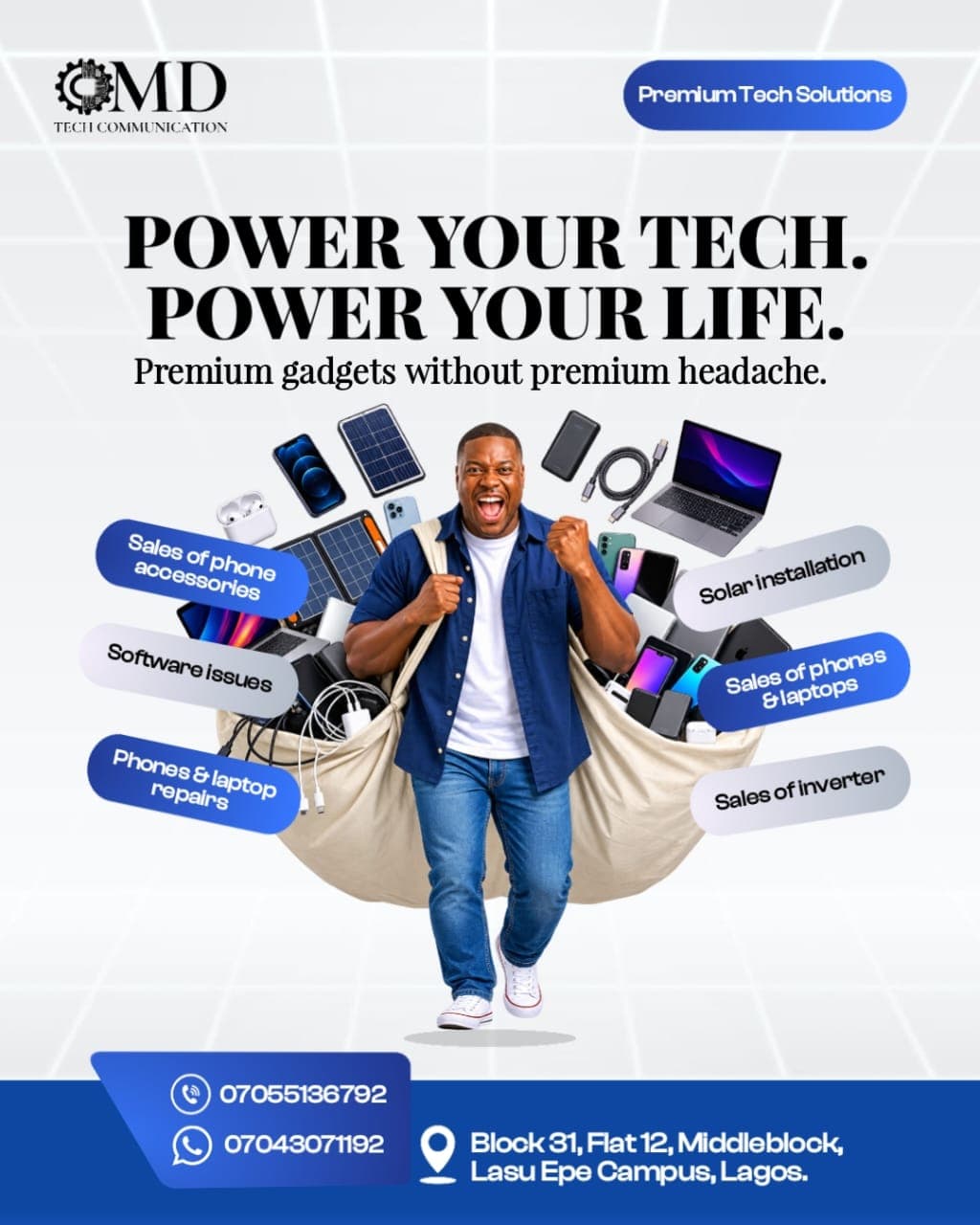 OMD Tech flyer showing gadgets, repairs and solar services